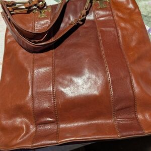 Tory Burch Cognac Brown Leather Tote with Gold Hardware